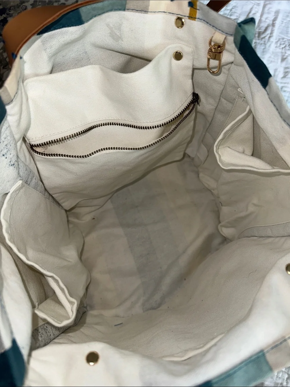 FEED Striped Canvas Tote in Teal, Cream & Mustard